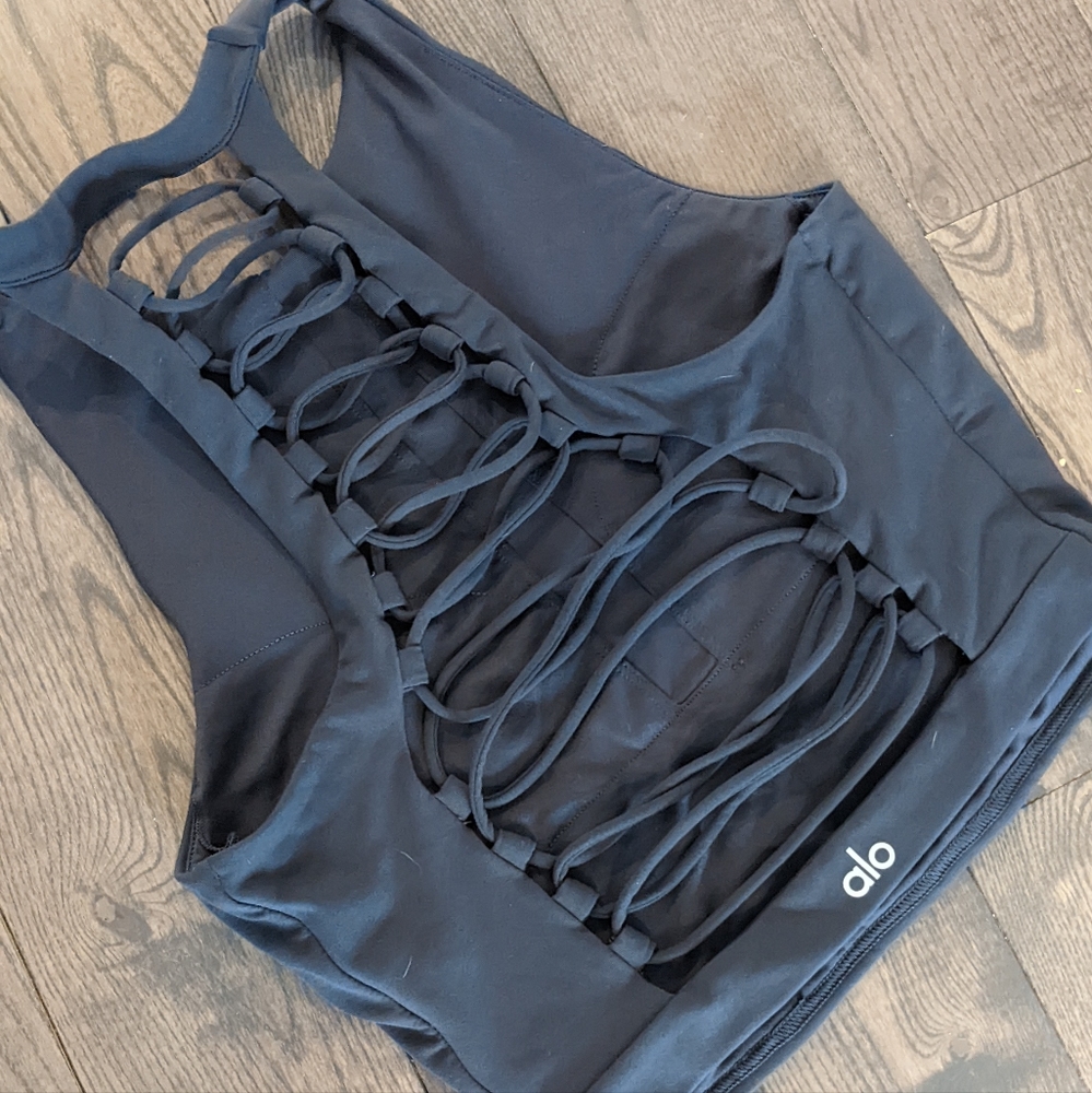 Alo Yoga barely worn strappy back crop top in blue/grey